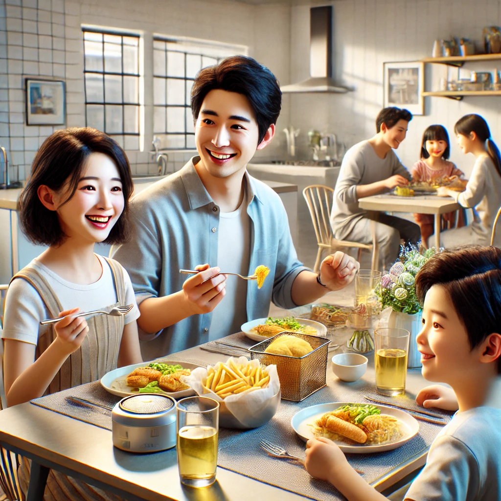 가족이 식탁에서 함께 식사를 즐기는 장면. 어머니, 아버지, 두 아이가 식사를 나누며 대화하고 웃고 있습니다. 배경은 밝고 현대적인 식당입니다