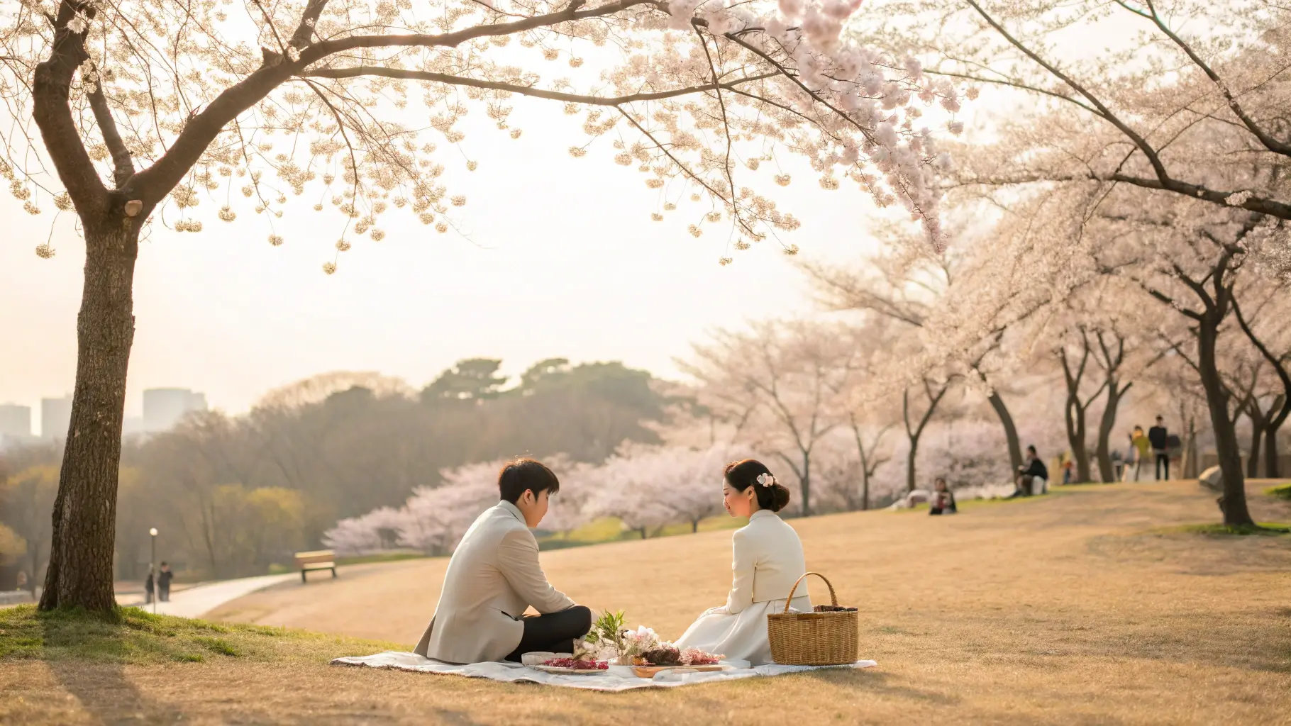 Seoul Children's Grand Park with blooming cherry blossoms, couples having picnic under pink trees, soft afternoon light, romantic atmosphere