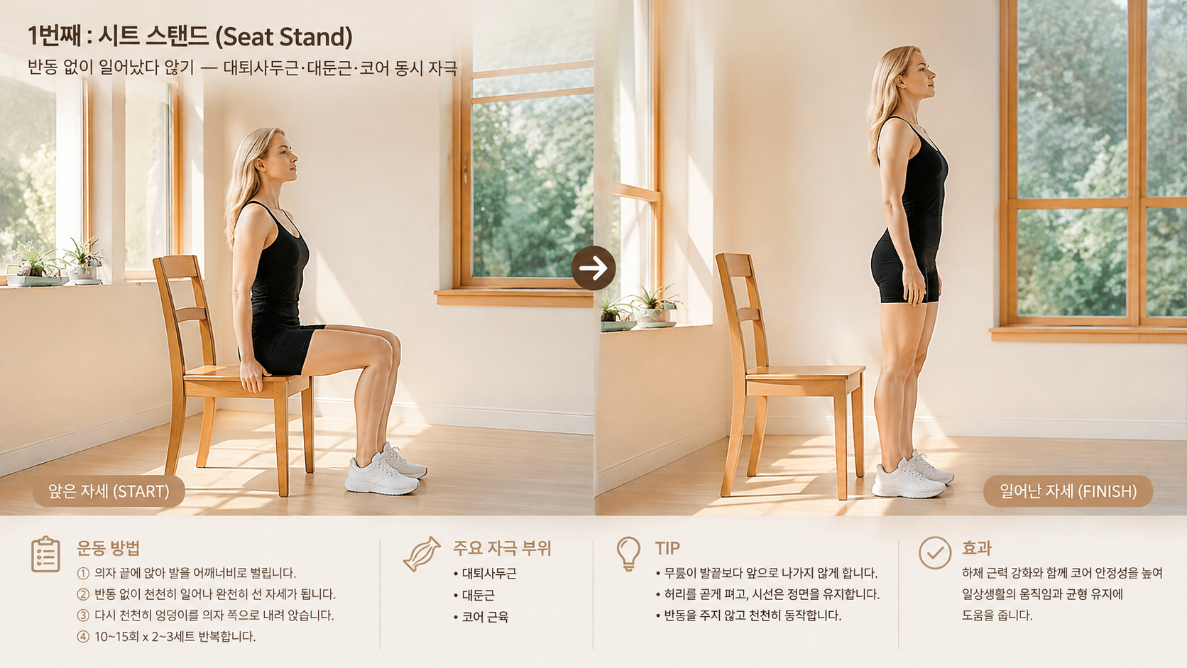 시트 스탠드(Seat Stand): 반동 없이 일어났다 앉기 — 대퇴사두근·대둔근·코어 동시 자극