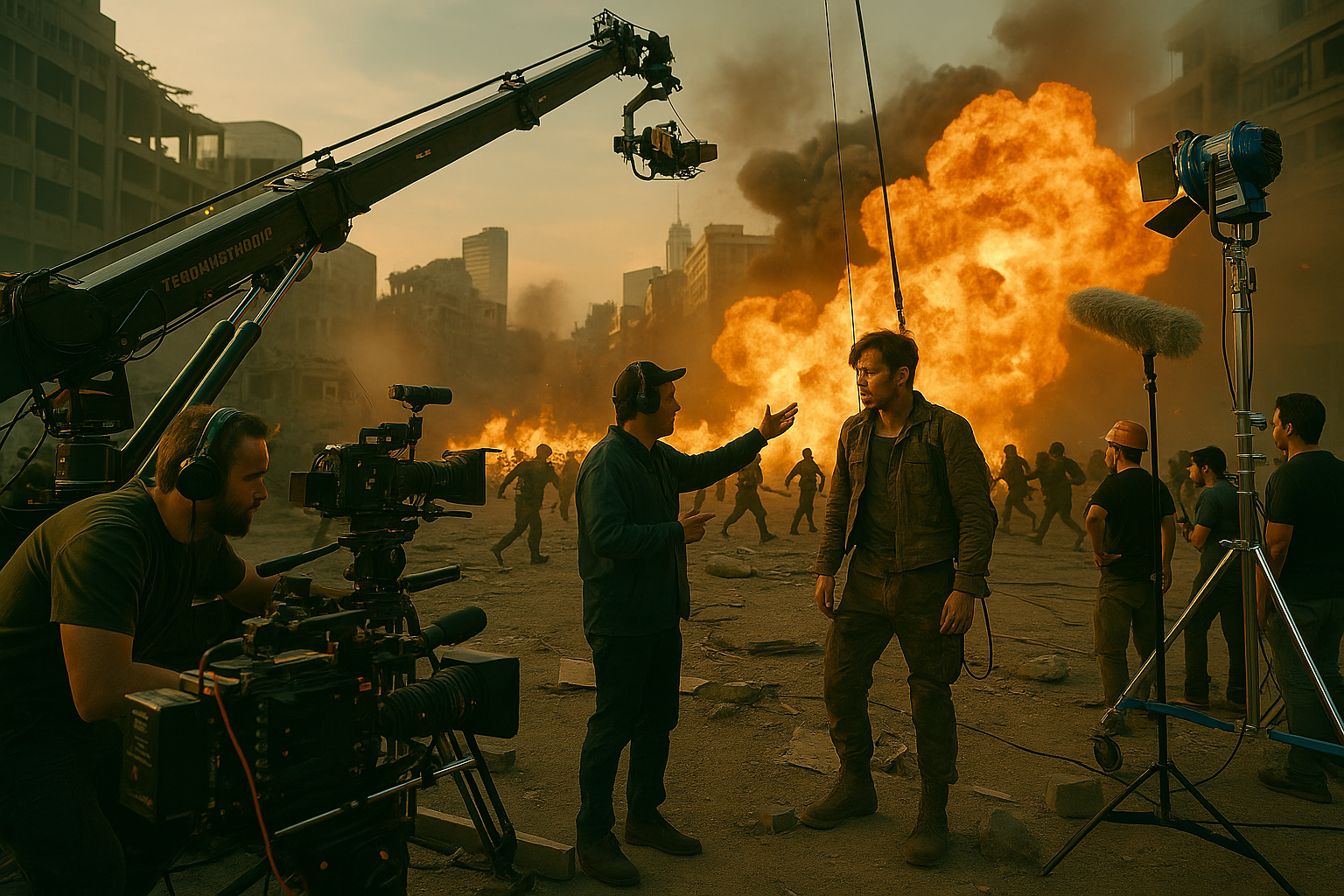 대규모 제작비가 투입된 블록버스터 영화 촬영 현장