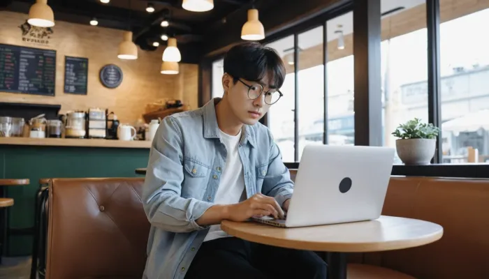 카페에서 노트북으로 재물운을 검색하는 모습