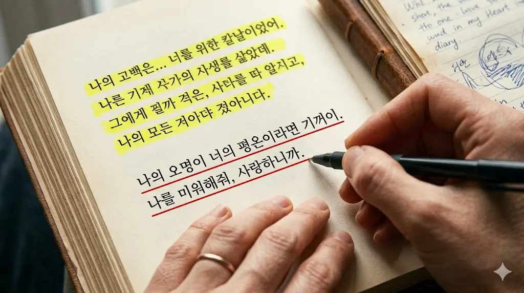 고백공격자 책 속 감명 깊은 구절에 형광펜으로 밑줄이 그어져 있는 장면