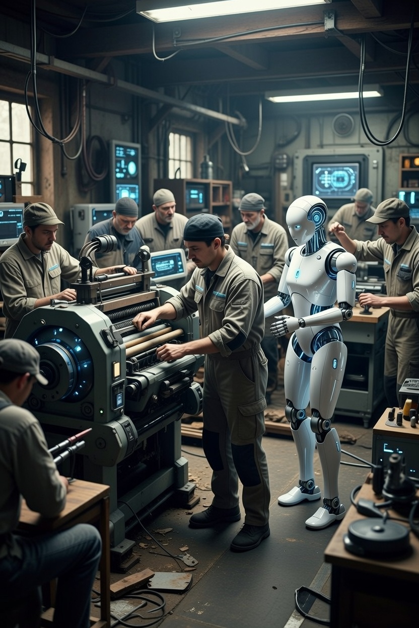 로봇과 노동자들의 조화로운 그림