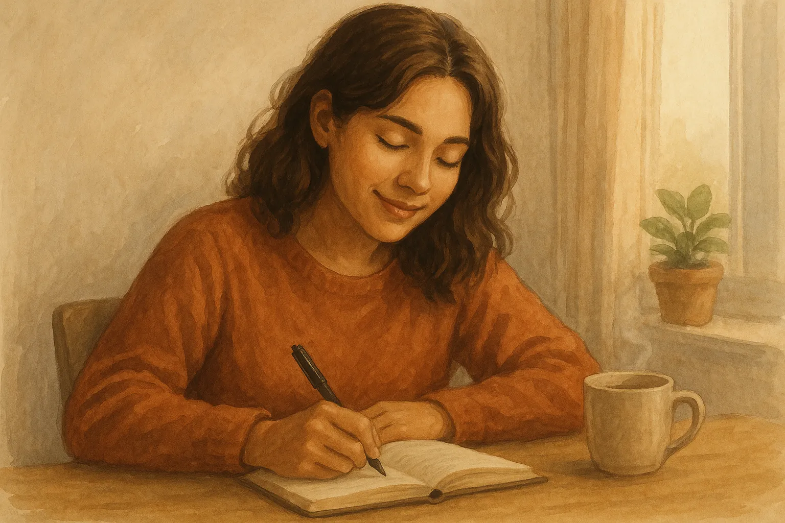 따뜻한-분위기에서-노트에-글을-쓰며-정서적-안정을-찾는-여성의-모습-글쓰기가-마음의-평온과-자기-치유에-도움을-주는-장면