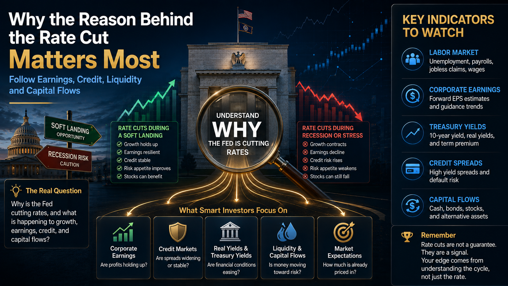 Key indicators investors should watch during Fed rate cuts including earnings, Treasury yields, credit spreads, liquidity, and capital flows