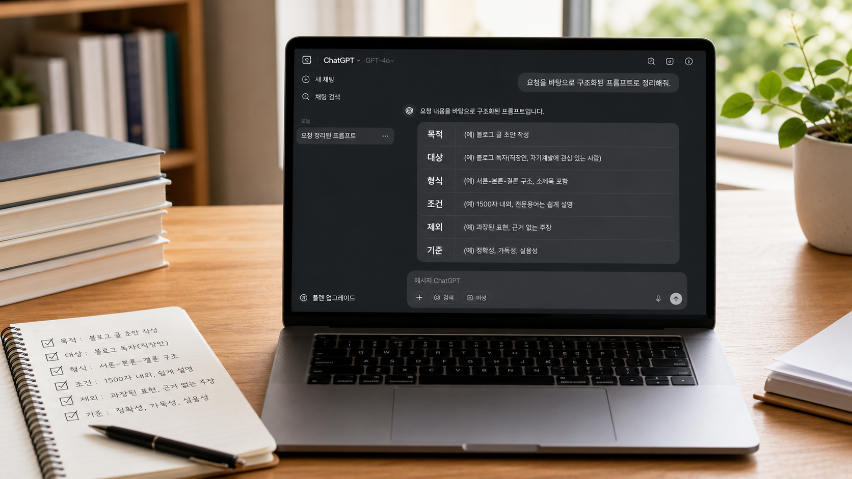 목적 대상 형식 조건 제외 기준이 정리된 AI 프롬프트 화면과 체크리스트 노트