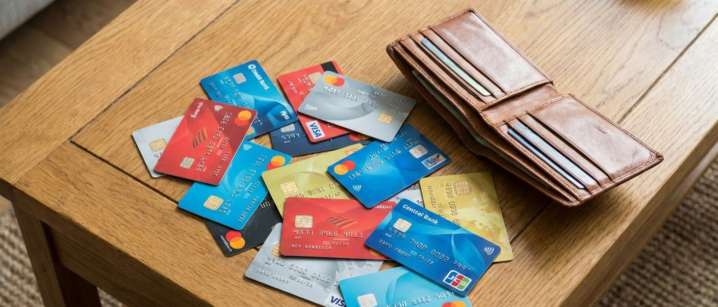 책상 위에 여러 장의 신용카드와 체크카드가 어지럽게 널브러져 있는 모습