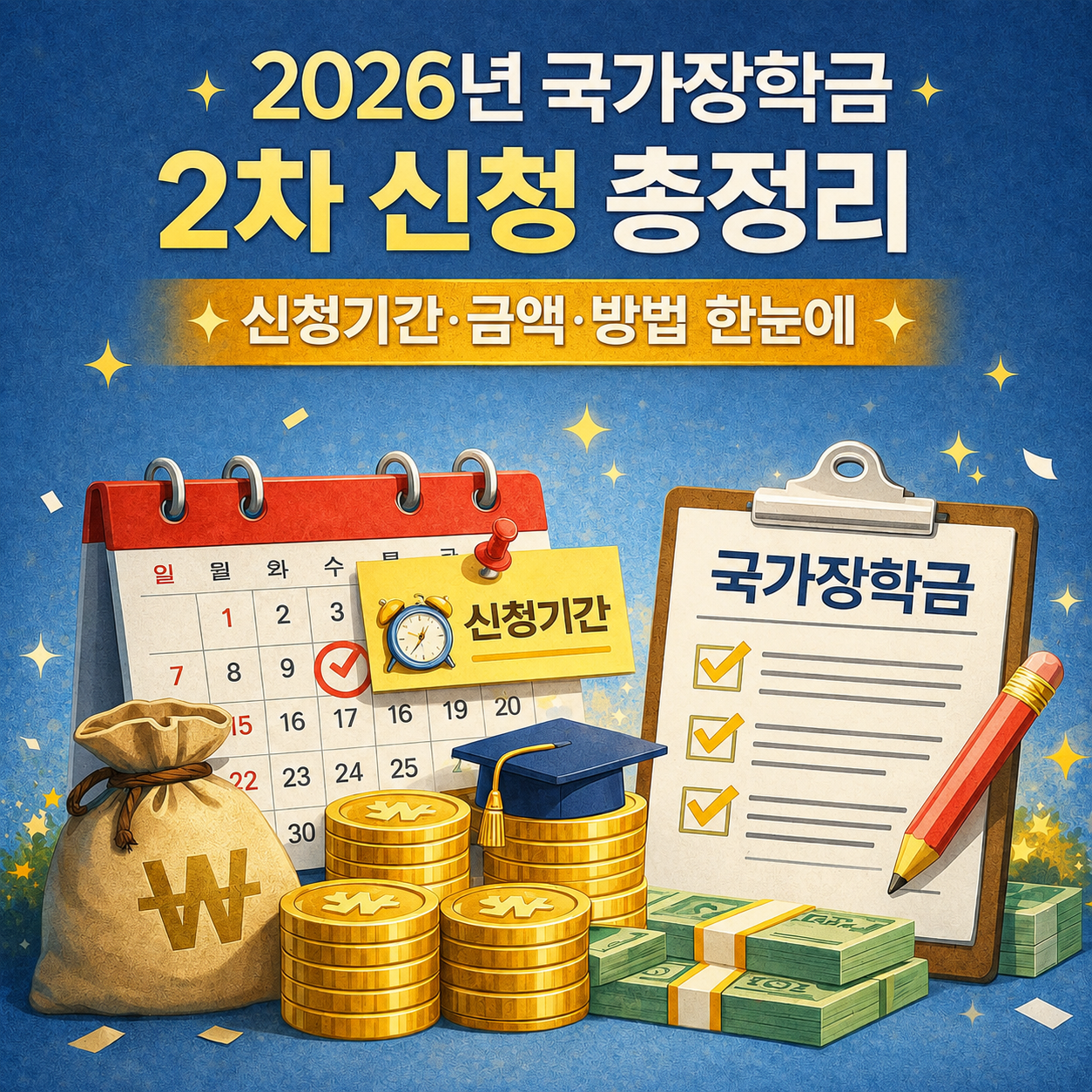 2026년 국가장학금 2차 신청 총정리 썸네일 이미지, 신청기간&middot;지원금액&middot;신청방법을 한눈에 정리한 안내 이미지