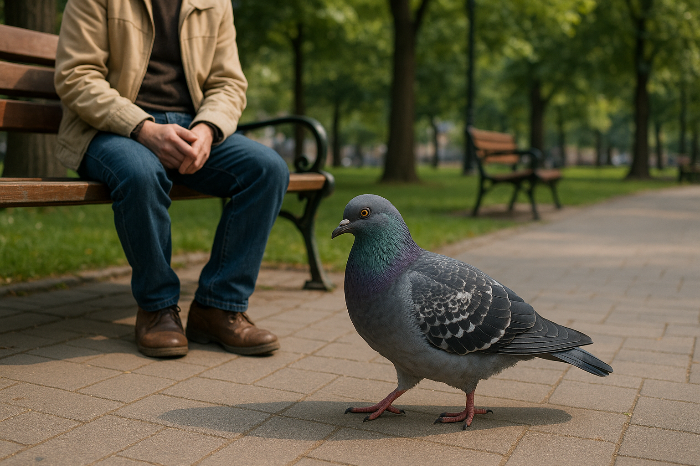huge pigeon stand by human