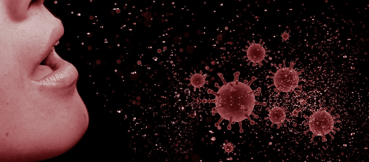 기침으로 바이러스가 밖으로 나오는 모습