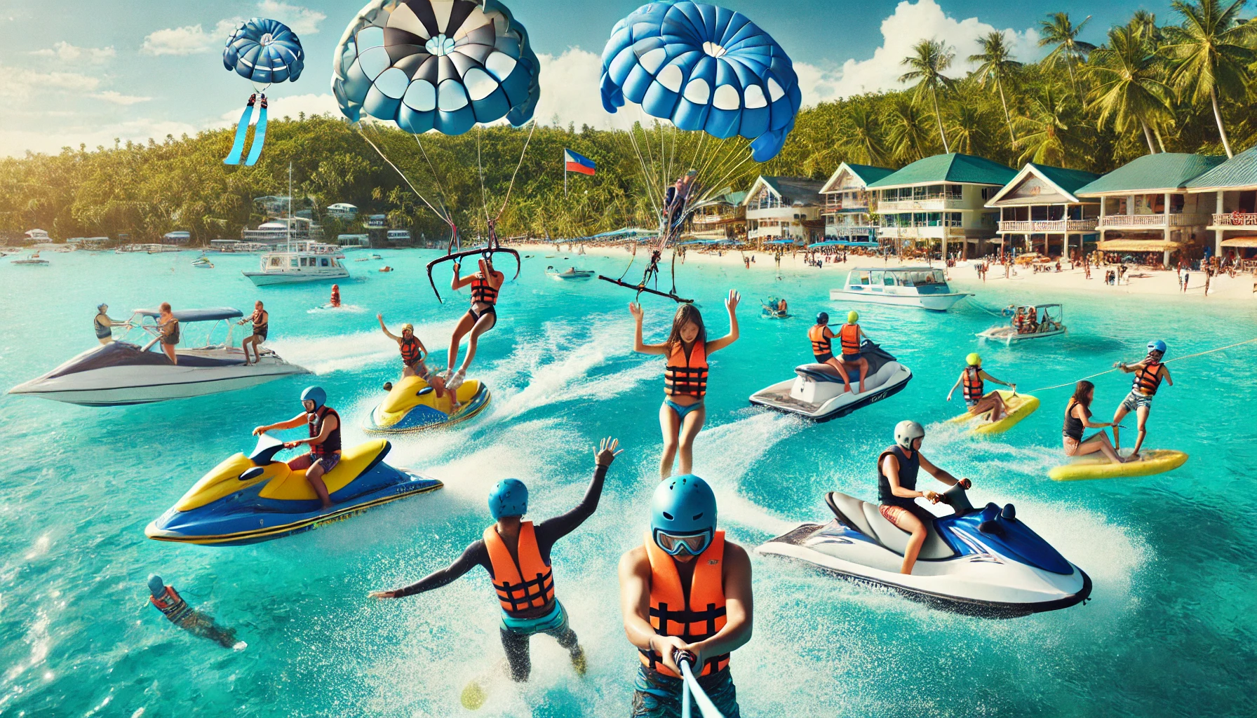 보홀의 푸른 바다에서 해양 스포츠를 즐기는 관광객들과 안전 장비 착용 모습