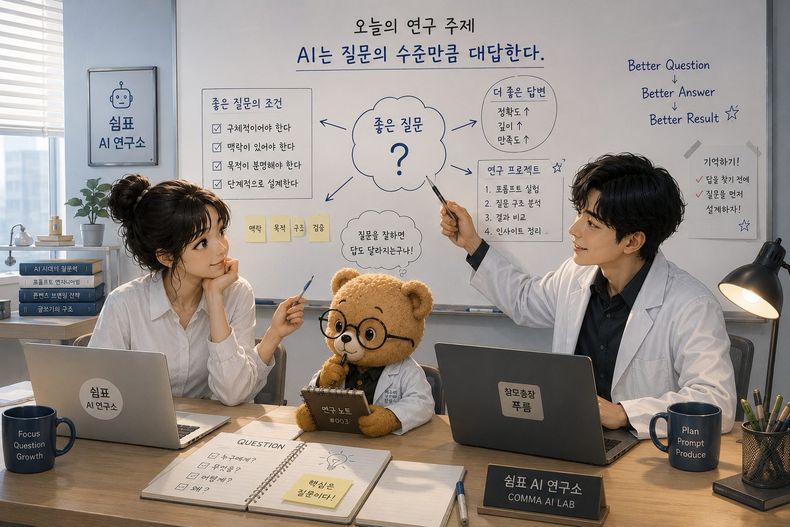 "쉼표 AI 연구소의 '좋은 질문 설계' 연구 현장. 쉼표, 푸름, 은돌이 연구원이 칠판의 'AI는 질문의 수준만큼 대답한다'는 문구를 보며 회의 중이다. (COMMA AI LAB)"