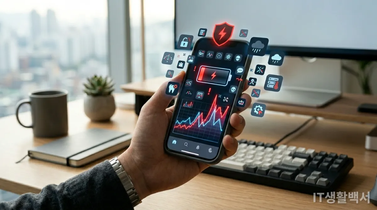 스마트폰 화면에 배터리 소모, 데이터 사용량 증가 그래프가 보이는 모습