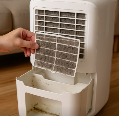 제습기 필터가 먼지로 막히고 물통에 곰팡이가 낀 상태