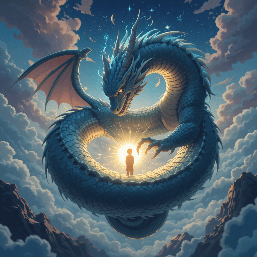 용이 나오는 꿈 중 길몽으로 금빛 용이 나를 감싸는 꿈의 참고이미지입니다.