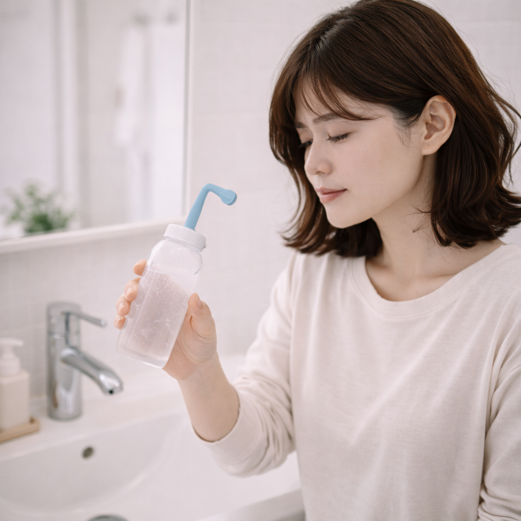 목에 걸리는 가래 완화를 위해 비강세척을 하는 모습