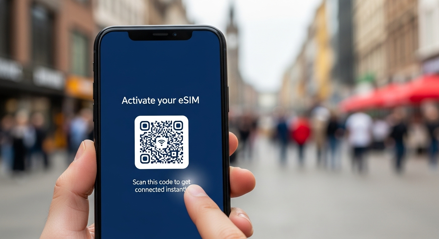 스마트폰 화면에 eSIM QR코드가 활성화되어 있고, 배경에는 해외 도시 거리가 흐릿하게 보이는 모습.