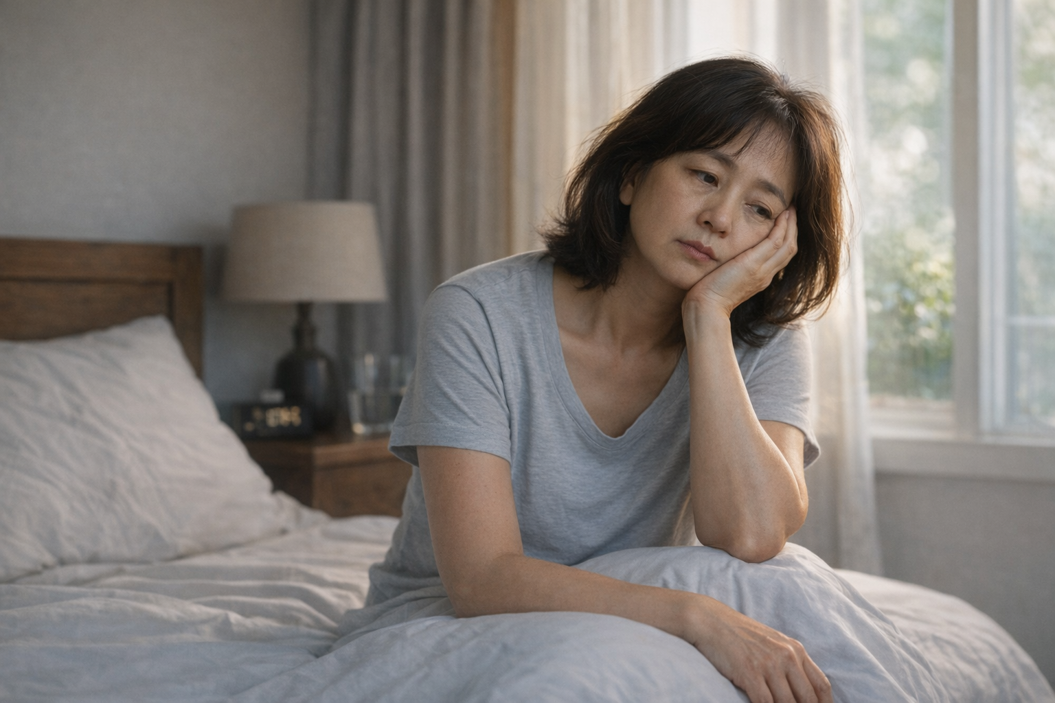 잠을 충분히 잤지만 피곤한 표정으로 침대에 앉아 있는 50대 여성