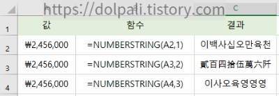엑셀 NUMBERSTRING 옵션