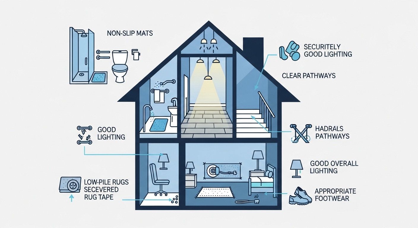 미끄럼 방지 매트, 손잡이 등 노인 낙상 예방을 위한 실내 안전 수칙을 시각적으로 보여주는 그림