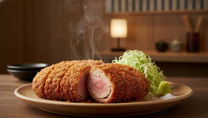 바삭한 튀김옷과 육즙 가득한 선홍빛 고기가 돋보이는 프리미엄 돈까스 이미지