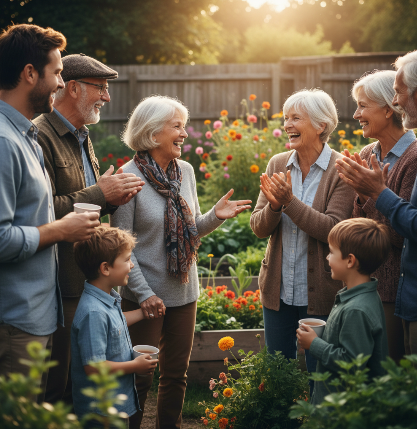 가족과 밝은 표정으로 대화하며 정서적 지지를 받는 시니어의 모습으로 사회적 뇌 활성화를 통한 인지 건강 관리를 상징함
