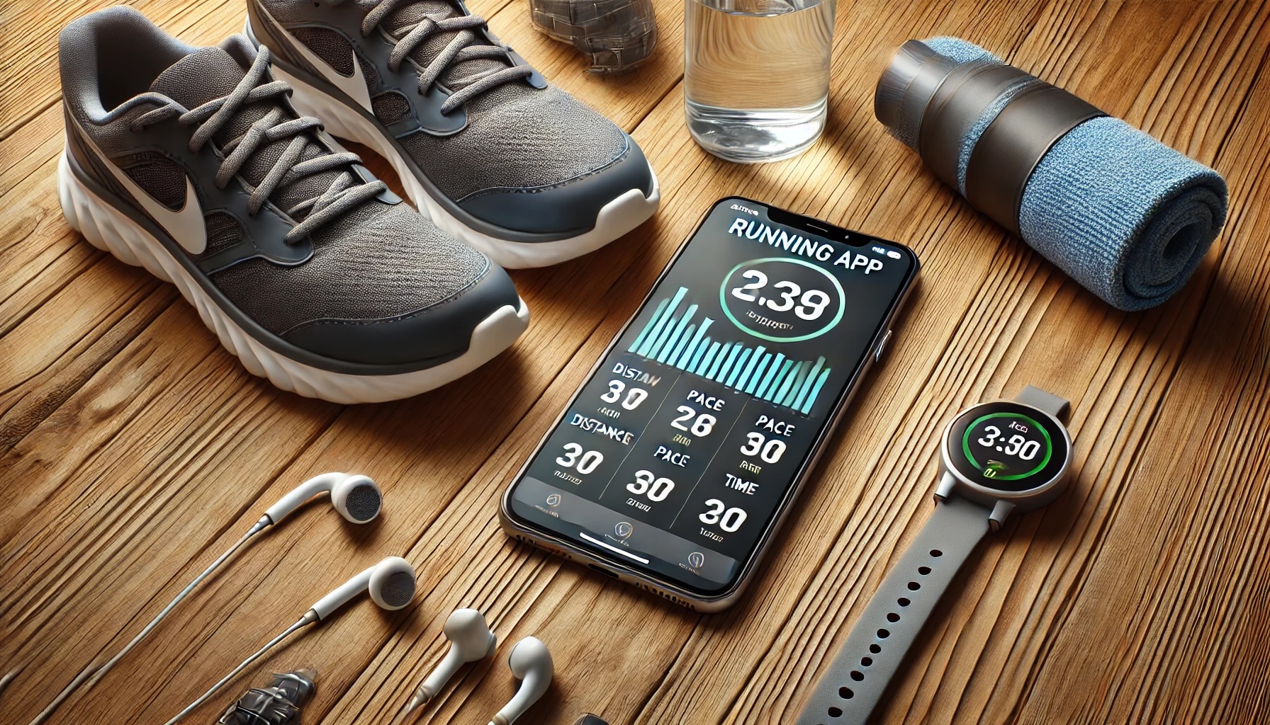 러닝 용품 과 함께 스마트폰에 러닝 앱이 켜져 있는 이미지 사진