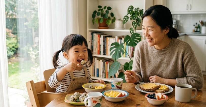 따스한 햇살 아래, 만 3세 한국 아이가 엄마와 함께 나란히 앉아 탄수화물, 단백질, 지방이 균형 잡힌 계란, 과일, 멸치 주먹밥으로 구성된 아침 식사를 맛있게 즐기며 행복하게 웃는 모습