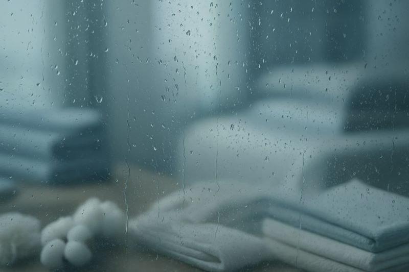 빗방울 맺힌 창 너머로 보이는 기능성 섬유와 포근한 실내 분위기