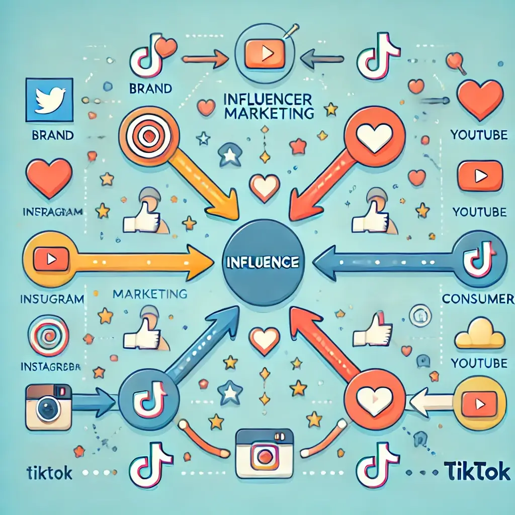 브랜드 → 인플루언서 → 소비자 구조를 설명하는 인포그래픽