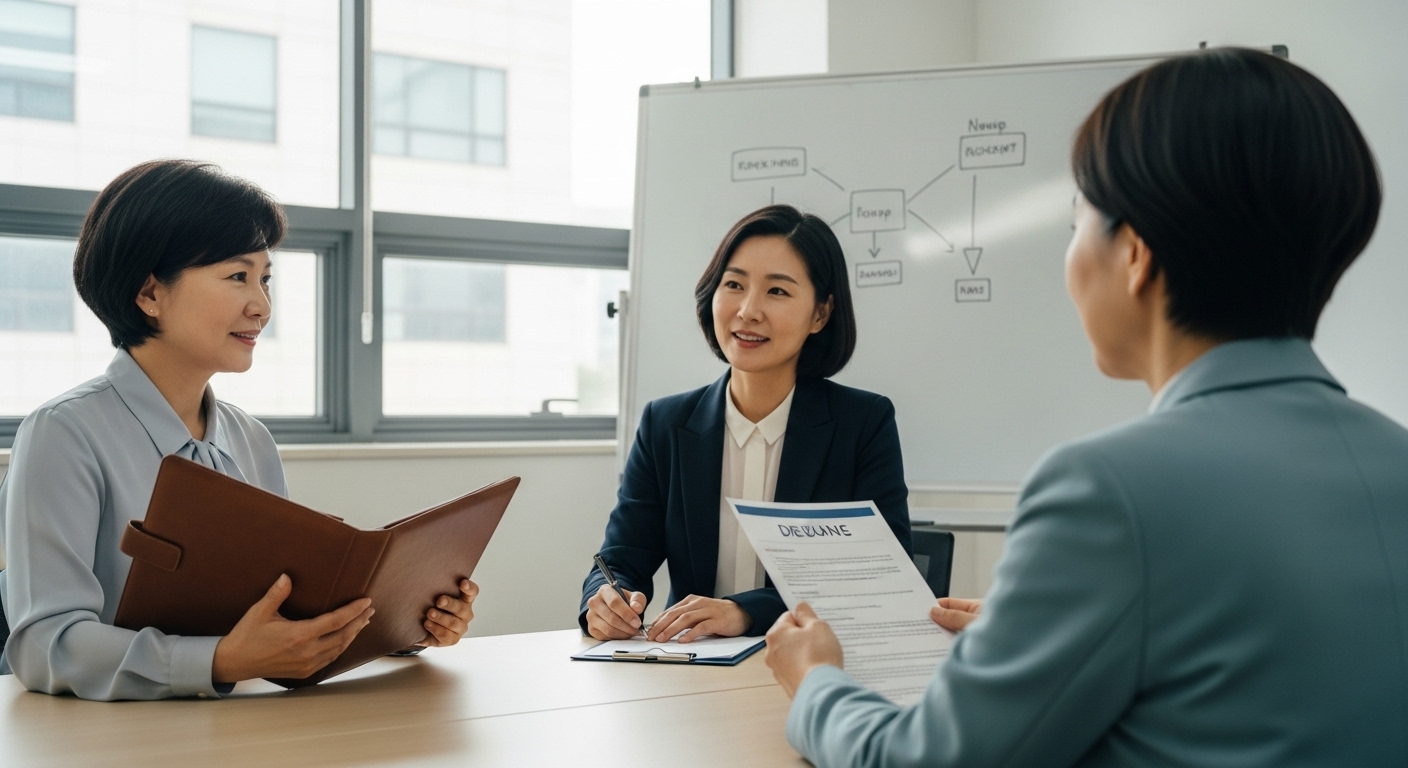 재취업지원서비스 설명회에서 노트를 펼치고 상담을 듣는 60대 한국인 남녀, 차분한 조명과 집중된 표정