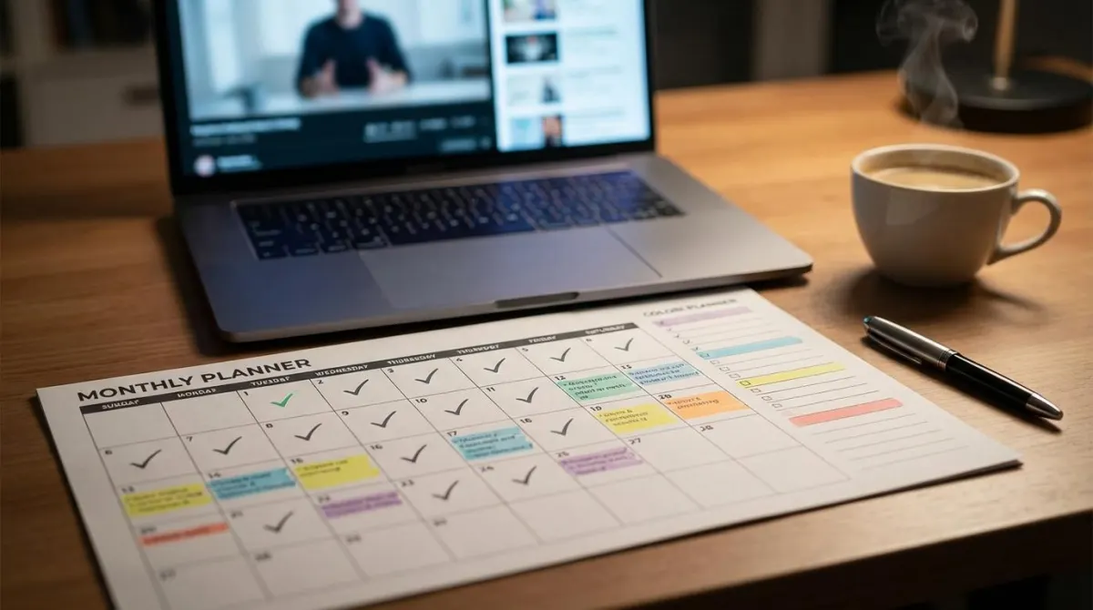 노트북 화면에 띄워진 온라인 강의와 그 옆에 놓인 상세한 월간 학습 플래너