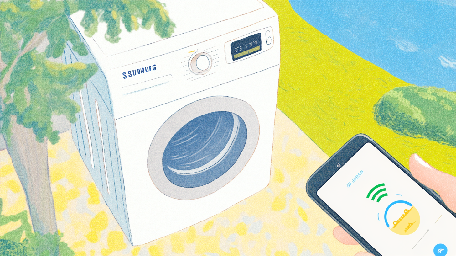 스마트폰 앱을 통해 원격으로 제어되는 스마트 홈 환경의 삼성 세탁기.