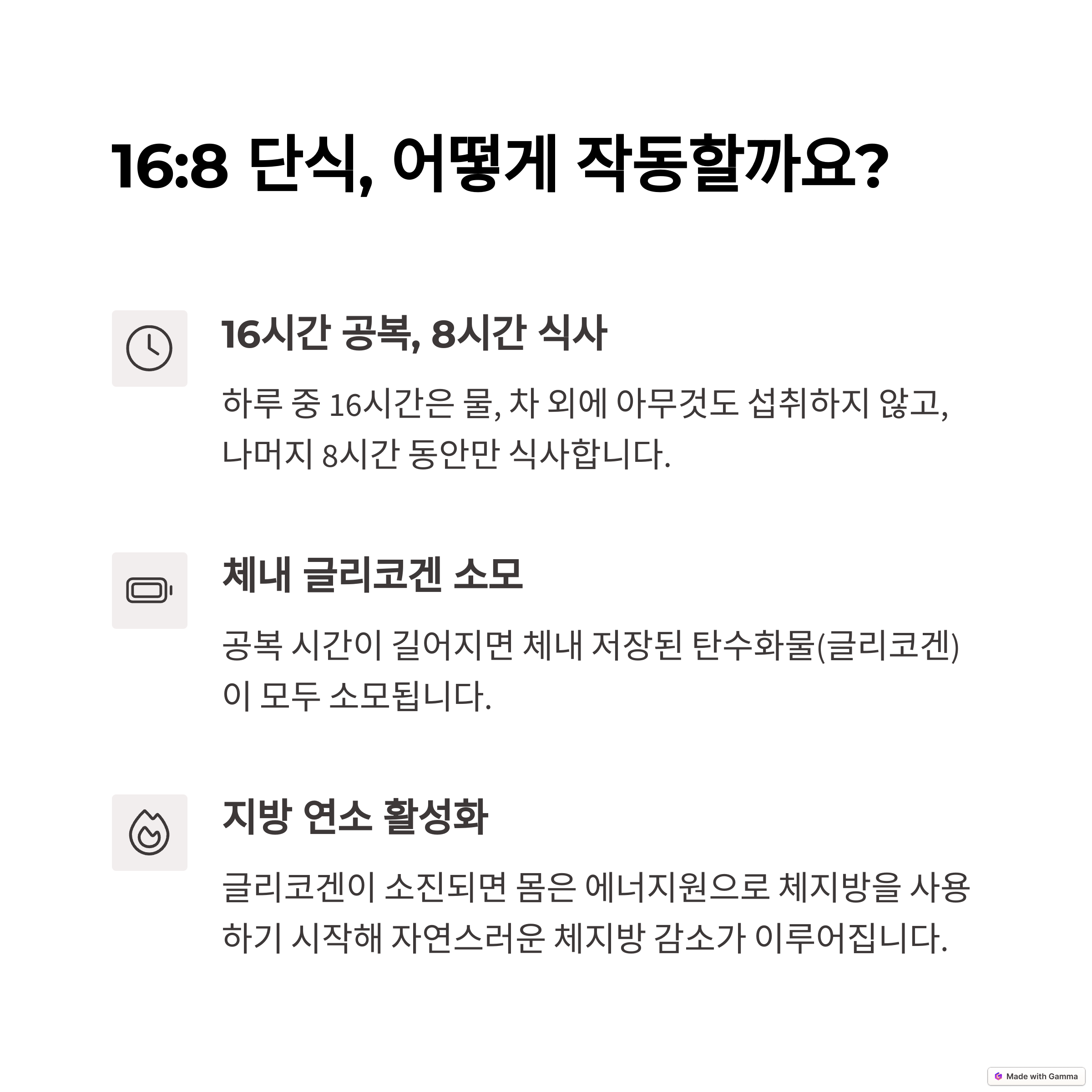 16:8 단식의 작동 원리를 설명하는 인포그래픽. 16시간 공복, 글리코겐 소모, 지방 연소 활성화의 단계로 구성
