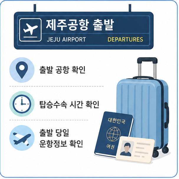 제주공항 출발 안내판과 신분증, 캐리어로 표현한 탑승 전 확인사항 이미지
