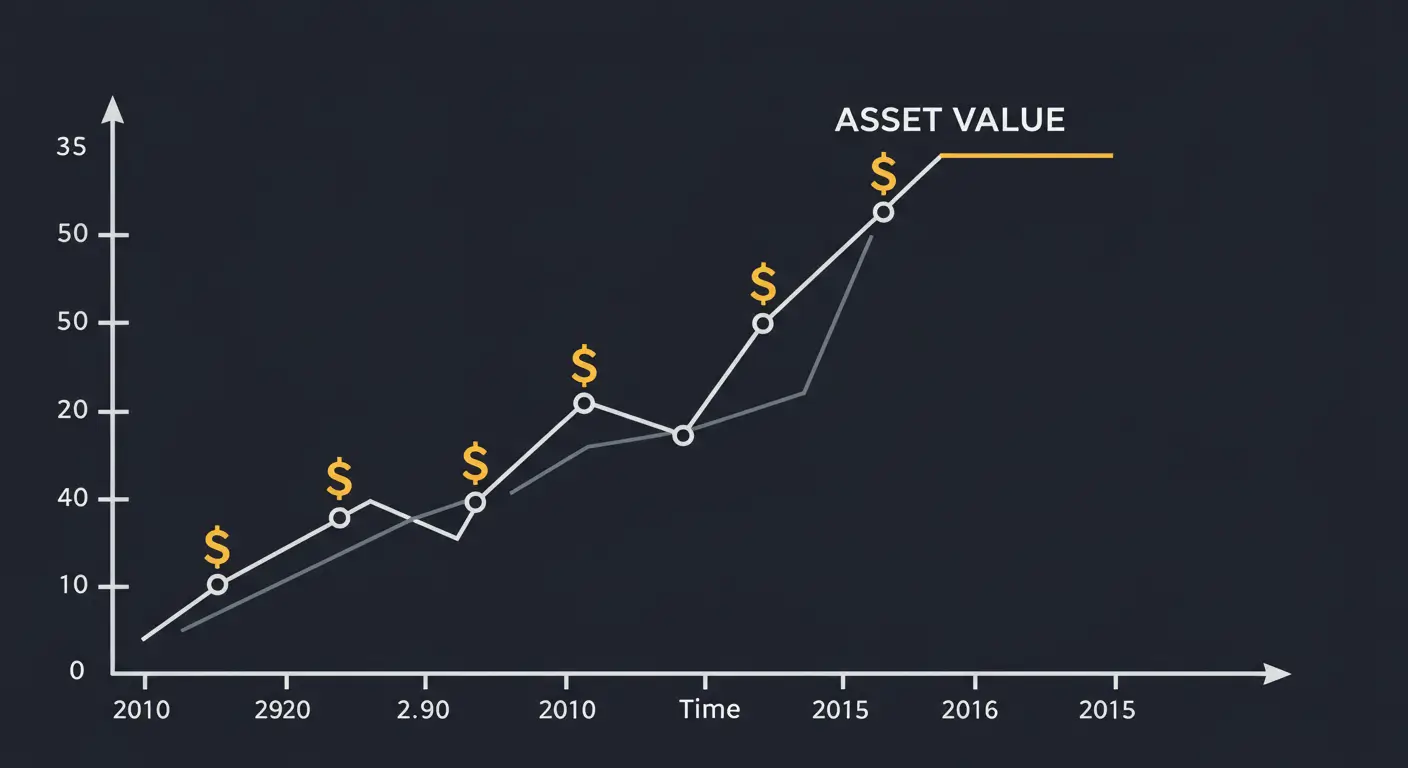 시간의 흐름에 따라 적립식 투자로 자산이 복리 효과로 성장하는 그래프