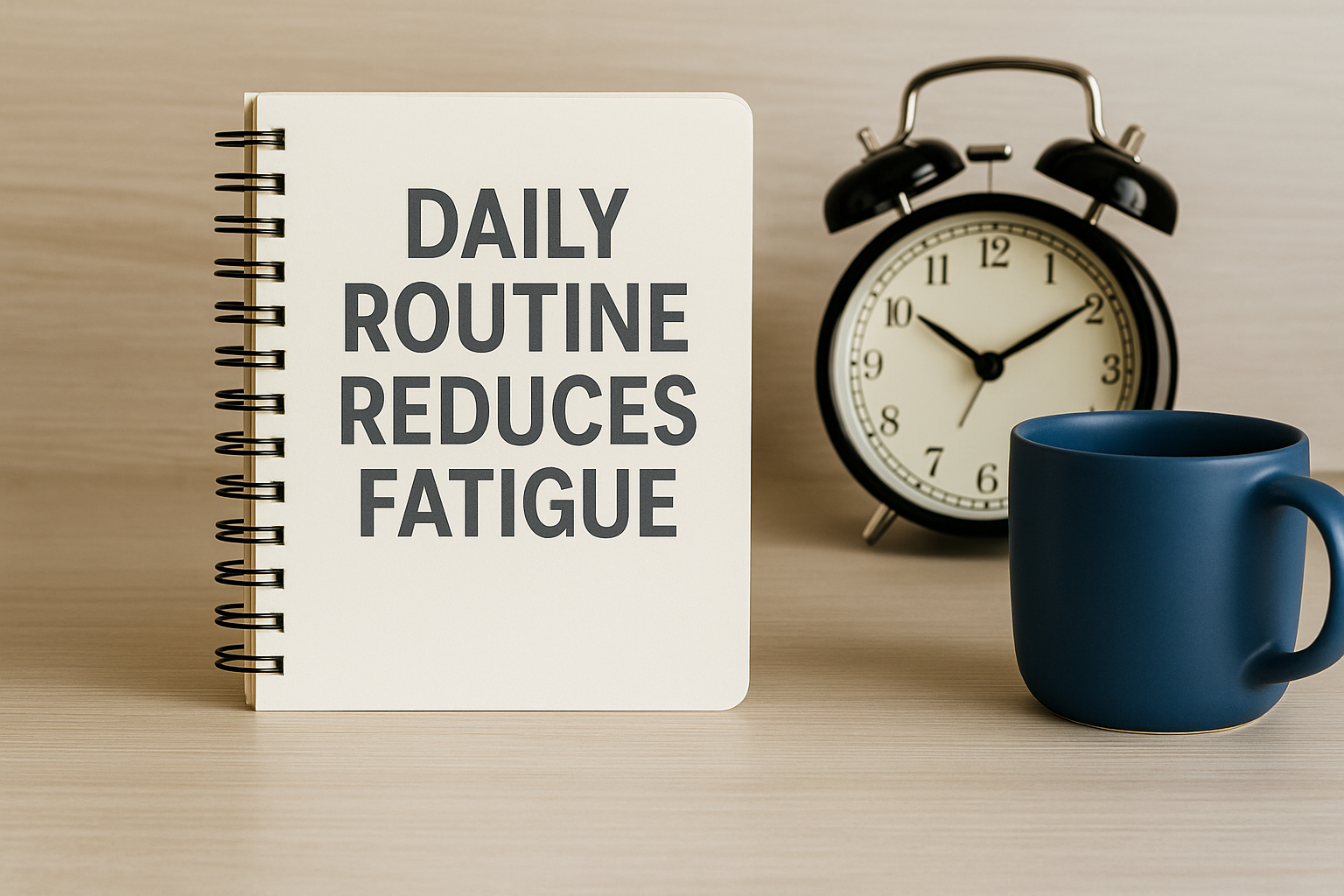 나무 책상 위에 펼쳐진 스프링 노트에 매일의 루틴이 피로를 줄여준다는 문구가 적혀 있음