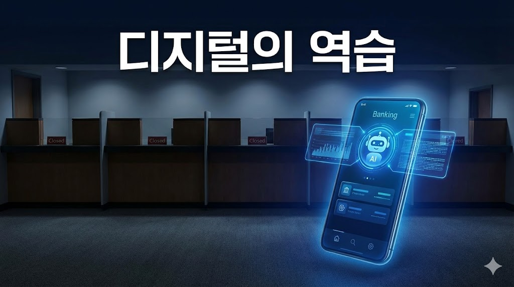 비대면 뱅킹과 빈 은행 창구 이미지