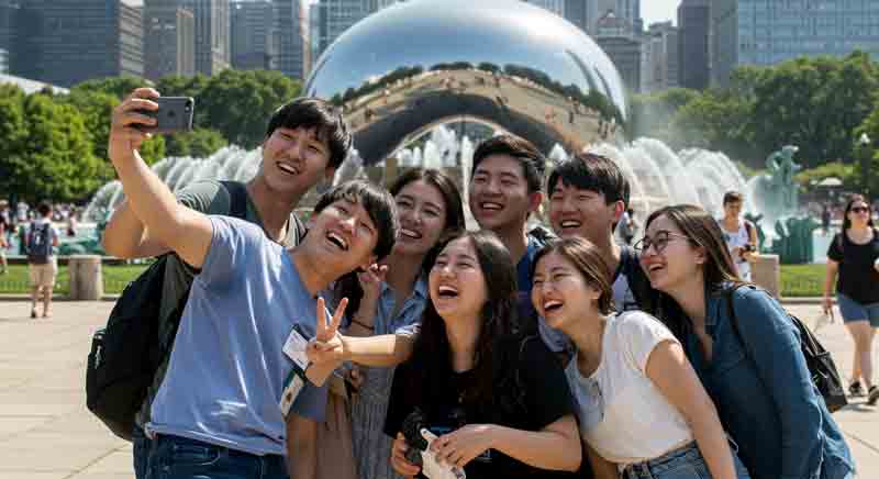 미국 중부의 밀레니엄 파크를 배경으로 셀카를 촬영하고 있는 젊은이들