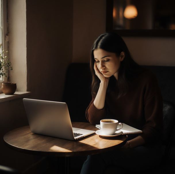 조용한 카페 구석에서 노트북과 차 한잔을 하며 성찰하는 모습