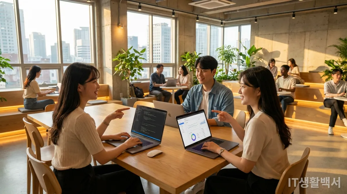 강남의 코워킹 스페이스에서 AI 노트북으로 협업하는 한국인 전문가들