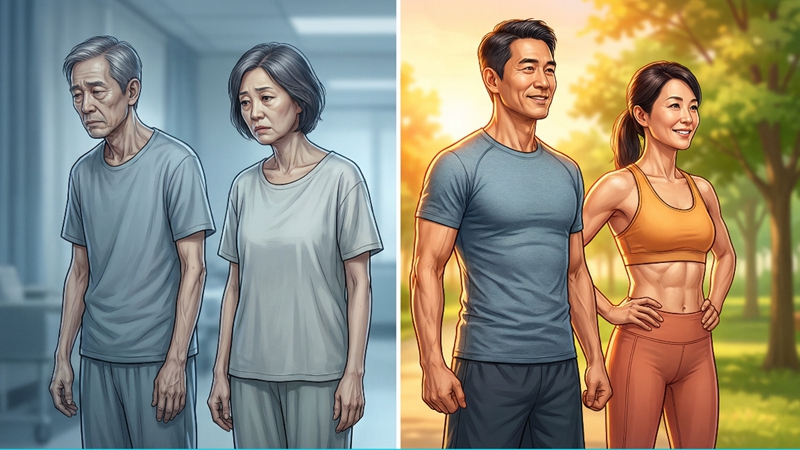 나이 들수록 근육이 감소하는 중장년층의 모습과 건강한 근육을 유지하는 모습이 대비되며 근감소증의 심각성을 보여줍니다.