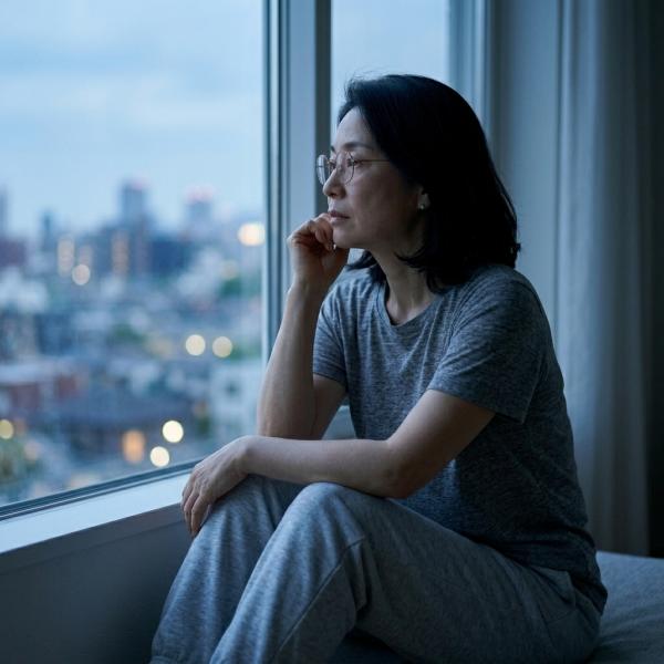 창밖의 도심 야경을 바라보며 쓸쓸하고 사색적인 표정으로 앉아 있는 갱년기 여성의 모습