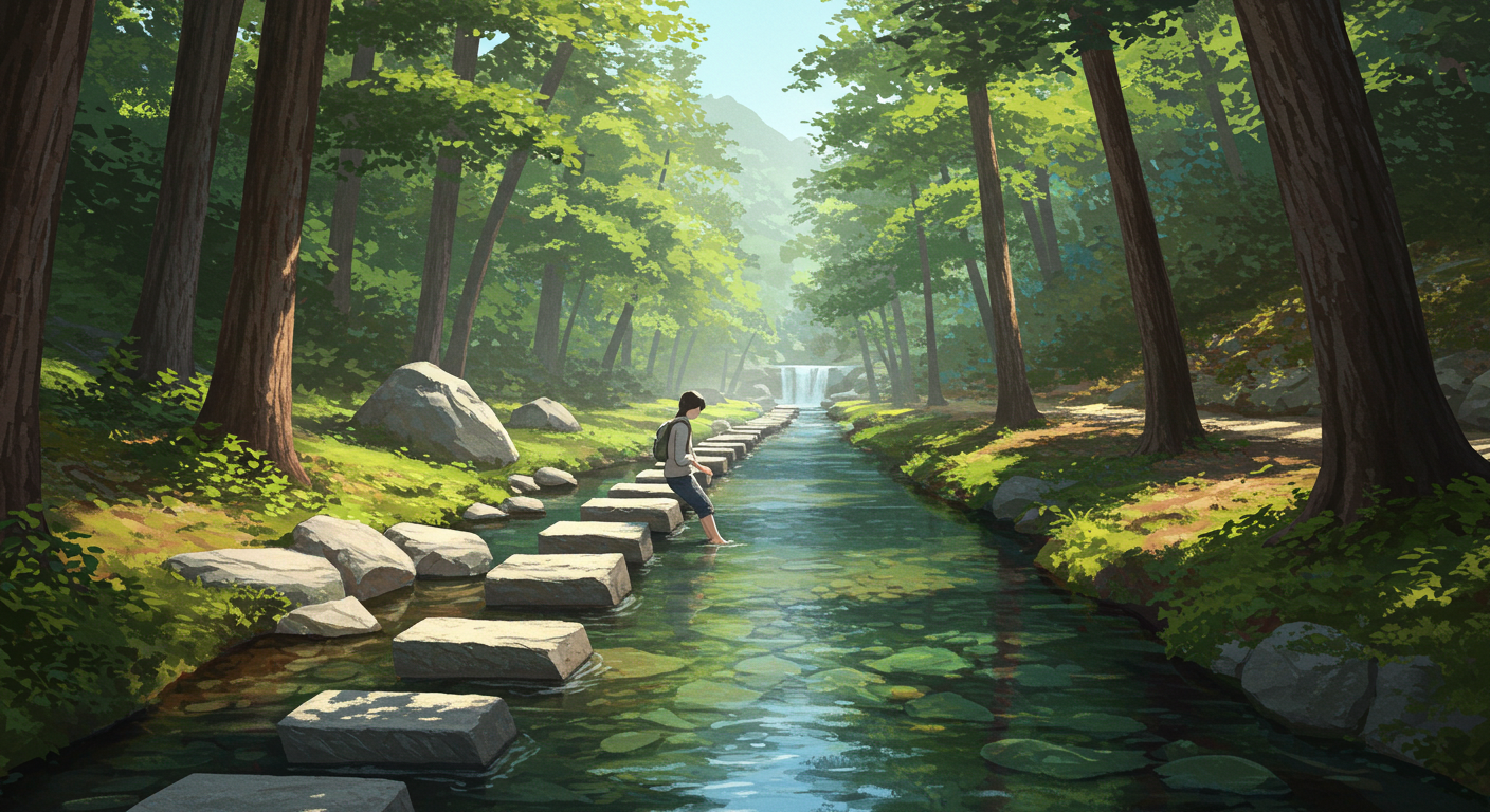 장산계곡의 맑은 물과 그늘 아래 발 담그는 장면