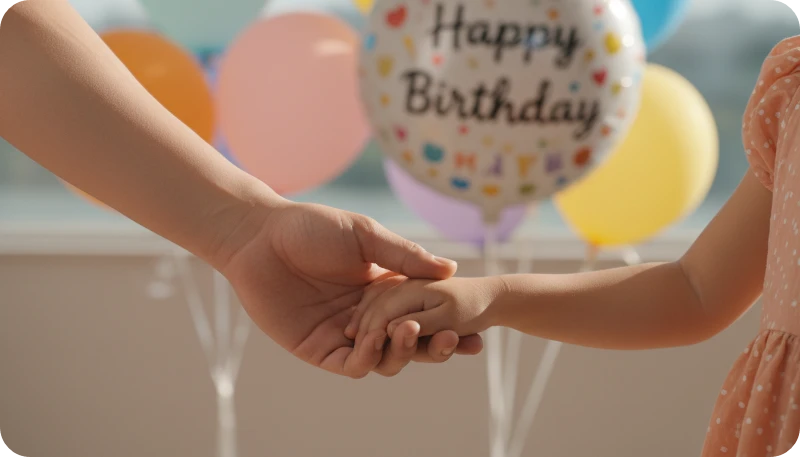 어린 딸의 손을 따뜻하게 맞잡고 있는 부모의 손, 배경에는 'Happy Birthday' 장식 풍선이 흐릿하게 보이는 감동적인 클로즈업 샷, 따스한 분위기