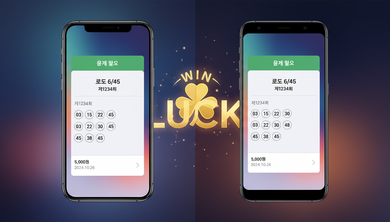 아이폰과 갤럭시 화면에 동시에 로또 구매 완료 메시지가 표시되어 있다. 모바일 로또 구매의 성공적인 과정을 보여준다.