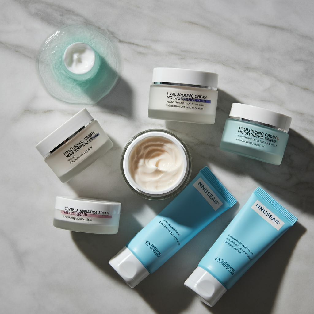 여드름 피부에 적합한 수분크림을 모아놓은 이미지, 히알루론산, 센텔라 아시아티카, 살리실산 등의 성분이 강조된 크림들
