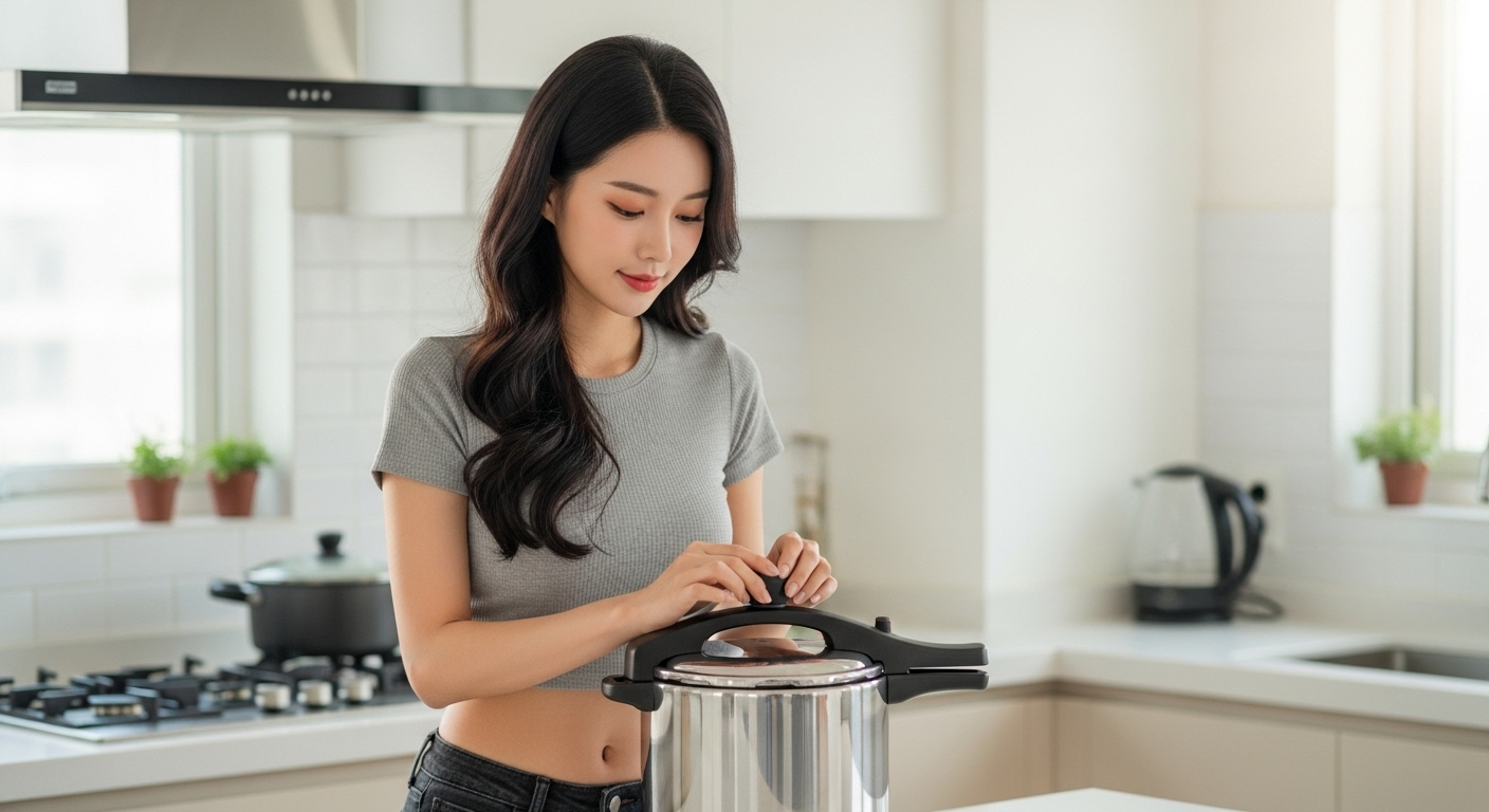 쌀밥을 짓는 여성