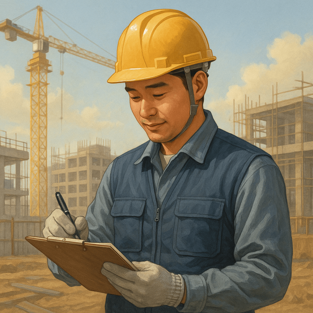 건설 현장에서 노란 안전모와 작업복을 입고 작업 일지를 기록하는 한국인 근로자의 모습