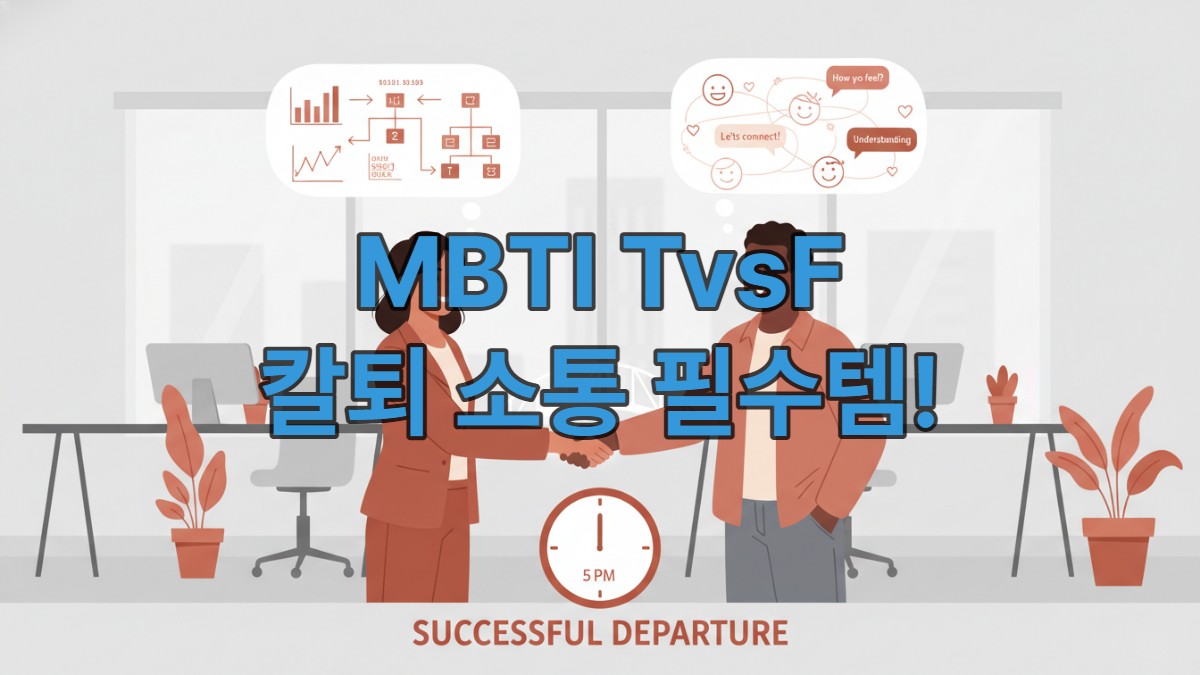 MBTI 사고형(T)과 감정형(F) 직장인이 효율적인 소통으로 정시 퇴근하는 모습을 상징하는 일러스트.